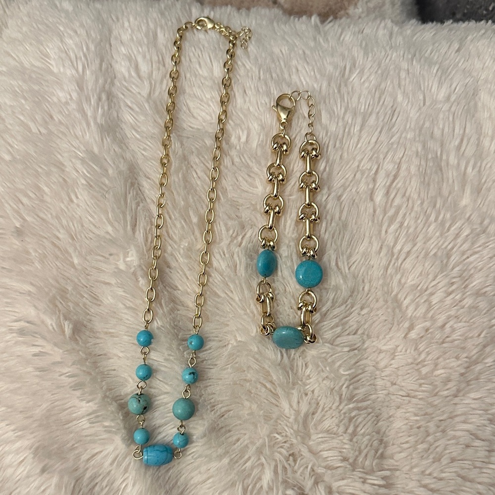 Jewelry Set | Necklace & Bracelet - Gold and Turquoise Set - Pretty Bird Jewelry
